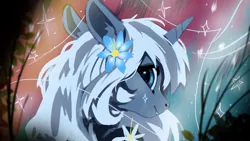 Size: 1920x1080 | Tagged: safe, artist:hierozaki, derpibooru import, oc, oc:frozen raine, unofficial characters only, pony, unicorn, abstract background, female, flower, flower in hair, horn, image, jpeg, looking at you, looking back, looking back at you, mare