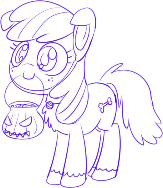 Size: 795x915 | Tagged: safe, artist:mcsadat, derpibooru import, apple bloom, earth pony, pony, clothes, costume, dog costume, female, filly, foal, halloween, holiday, image, jack-o-lantern, jpeg, mouth hold, nightmare night costume, pumpkin, sketch, smiling, solo