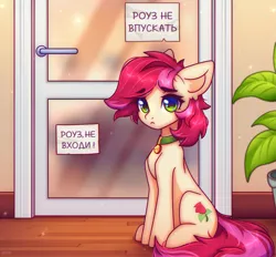 Size: 2691x2500 | Tagged: safe, artist:radioaxi, derpibooru import, roseluck, pony, behaving like a cat, collar, commission, commissioner:doom9454, cute, cyrillic, door, image, meme, pet tag, png, ponified animal photo, pony pet, rosepet, russian, sitting, translated in the description