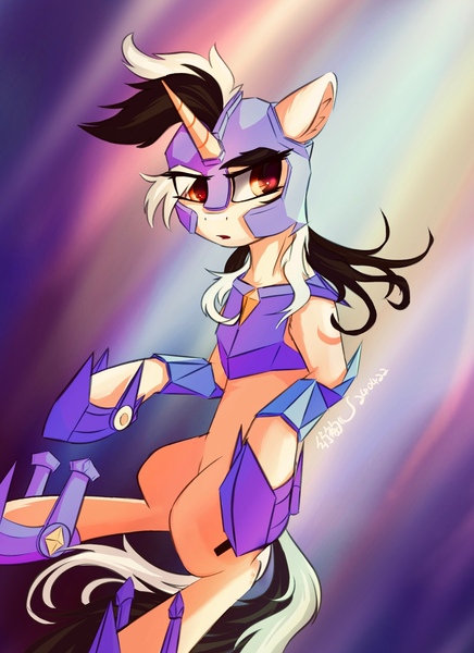 Size: 1200x1650 | Tagged: safe, artist:行豹cheetahspeed, derpibooru import, oc, oc:autumn trace, unofficial characters only, pony, unicorn, armor, black and white mane, eyebrows, eyebrows visible through hair, fantasy class, female, floating, horn, image, jpeg, light, mare, orange eyes, soldier, solo, warrior, yellow skin
