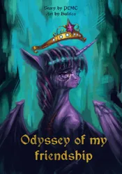 Size: 2800x4000 | Tagged: safe, artist:bultico, derpibooru import, twilight sparkle, twilight sparkle (alicorn), alicorn, pony, fanfic, fanfic:odyssey of my friendship, abstract background, crying, fanfic art, fanfic cover, female, image, jewelry, jpeg, mare, regalia, scar, solo