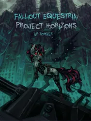 Size: 3000x4000 | Tagged: semi-grimdark, artist:bultico, derpibooru import, oc, oc:blackjack, unofficial characters only, pony, unicorn, fallout equestria, fallout equestria: project horizons, fanfic, amputee, artificial wings, augmented, blood, bullet hole, crying, cybernetic legs, fanfic art, fanfic cover, female, horn, image, injured, jpeg, magic, magic wings, mare, nosebleed, quadruple amputee, solo, tank (vehicle), tears of blood, wings