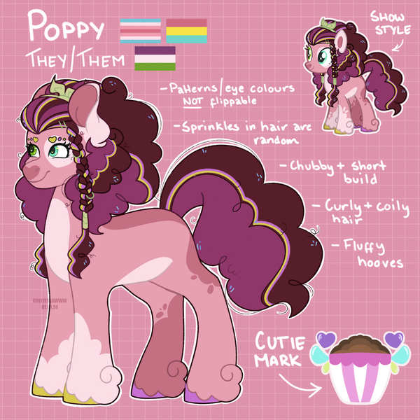 Size: 1280x1280 | Tagged: safe, artist:coleeeslawww, derpibooru import, oc, oc:poppy, unofficial characters only, earth pony, pony, coat markings, female, hooves, image, multicolored hooves, offspring, parent:cheese sandwich, parent:pinkie pie, parents:cheesepie, png, pride, pride flag, reference sheet, solo, text, trans female, transgender