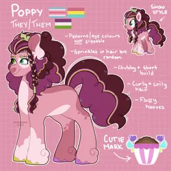 Size: 1280x1280 | Tagged: safe, artist:coleeeslawww, derpibooru import, oc, oc:poppy, unofficial characters only, earth pony, pony, coat markings, female, hooves, image, multicolored hooves, offspring, parent:cheese sandwich, parent:pinkie pie, parents:cheesepie, png, pride, pride flag, reference sheet, solo, text, trans female, transgender