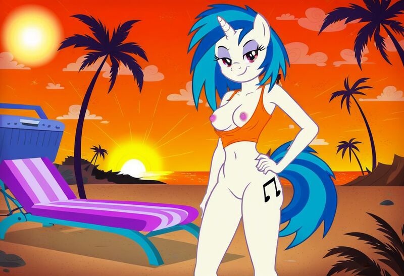 Size: 1216x832 | Tagged: explicit, ai content, machine learning generated, stable diffusion, vinyl scratch, anthro, unicorn, beach, beach babe, busty vinyl scratch, exhibitionism, exposed breasts, flirty, hand on hip, image, inviting, jpeg, lawn chair, nude beach, nudity, palm tree, pinup, seductive pose, sexy, smirk, solo, standing, sunbathing, sunset, tanktop