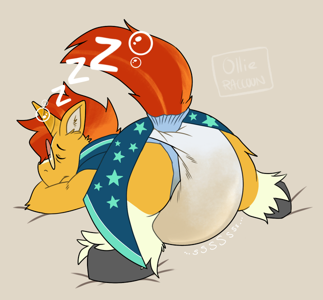 Size: 1630x1515 | Tagged: questionable, artist:possumkiddo, derpibooru import, sunburst, pony, bedwetting, diaper, diaper fetish, fetish, from behind, image, male, onomatopoeia, pissing, png, sleeping, solo, solo male, sound effects, stallion, urine, wet diaper, wetting