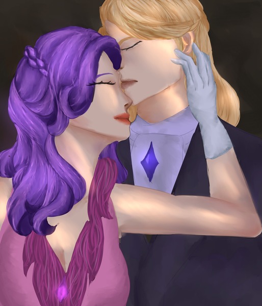 Size: 2194x2560 | Tagged: safe, artist:sh4deshad0w41, derpibooru import, prince blueblood, rarity, human, clothes, couple, dress, duo, duo male and female, eyes closed, female, gala dress, hand on face, humanized, image, jewelry, jpeg, male, ship:rariblood, shipping, simple background, smiling, straight, suit