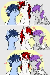 Size: 2268x3402 | Tagged: safe, artist:pain-jam-cookie, derpibooru import, oc, oc:blackjack, oc:morning glory (project horizons), oc:p-21, unofficial characters only, pegasus, pony, unicorn, fallout equestria, fallout equestria: project horizons, bisexual, bisexual sandwich, fanfic art, floating heart, heart, horn, image, jpeg, kiss on the cheek, kiss sandwich, kissing, pegasus oc, sex, trio, unicorn oc, wings