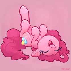Size: 2048x2048 | Tagged: safe, artist:pfeffaroo, derpibooru import, pinkie pie, earth pony, pony, eyes closed, g4, image, laughing, lying down, on back, open mouth, open smile, pink background, png, simple background, smiling, solo