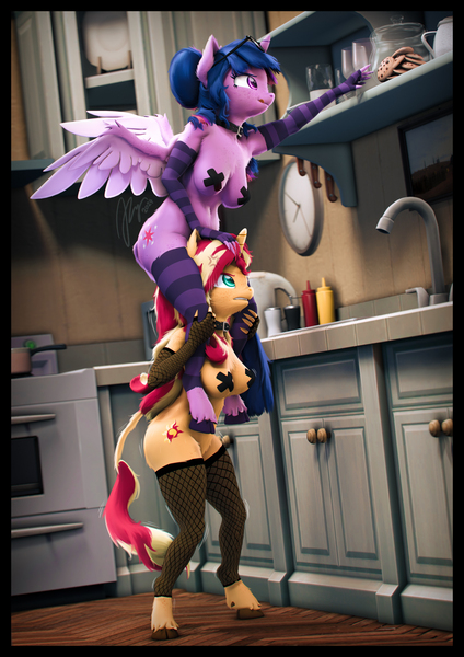 Size: 4000x5656 | Tagged: questionable, artist:imafutureguitarhero, derpibooru import, part of a set, sci-twi, sunset shimmer, twilight sparkle, twilight sparkle (alicorn), alicorn, anthro, classical unicorn, pony, unguligrade anthro, unicorn, 3d, :p, absurd resolution, adorkable, alicornified, angry, arm fluff, armpit fluff, belly button, belly fluff, boob freckles, border, breast fluff, breasts, butt fluff, butt freckles, cheek fluff, chest fluff, chest freckles, chin fluff, chocolate chip cookie, chromatic aberration, cleavage fluff, clock, clothes, cloven hooves, collar, colored eyebrows, colored eyelashes, colored wings, condiments, cookie, cookie jar, cooking pot, cross-popping veins, cup, cute, cute little fangs, dialogue in the description, didn't think this through, dork, duo, ear fluff, ear freckles, emanata, evening gloves, eyes on the prize, fangs, female, film grain, fingerless elbow gloves, fingerless gloves, fishnet clothing, fishnet clothings, fishnets, fluffy, focused, food, freckles, fur, g4, glass, glass jar, glasses, gloves, gritted teeth, hoof fluff, horn, image, indoors, jar, jpeg, ketchup, kettle, kitchen, kitchen sink, knife, leg fluff, leonine tail, lesbian, long gloves, long hair, long mane, looking at something, looking up, mare, motion lines, mug, multicolored hair, multicolored mane, multicolored tail, mustard, neck fluff, nipple tape, nose wrinkle, nudity, painting, paintover, partial nudity, pasties, pepper grinder, peppered bacon, plate, race swap, reaching, revamped anthros, revamped ponies, salt shaker, sauce, sci-twilicorn, ship:sci-twishimmer, shipping, short, shortstack, shoulder fluff, signature, silly, sitting, sitting on shoulders, socks, source filmmaker, stockings, stove, striped gloves, striped socks, striped stockings, struggling, sunsetsparkle, sweat, tail, tail fluff, teeth, thigh highs, this will end in pain, tongue out, two toned wings, unshorn fetlocks, wall of tags, wide hips, wine glass, wing fluff, wing freckles, wings