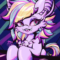 Size: 1920x1920 | Tagged: safe, artist:umbrapone, derpibooru import, oc, oc:bass-beat, bat pony, earth pony, pony, bat ears, bust, colorful, fangs, happy, hybrid oc, image, png, shiny, solo, sparkles, thick lineart