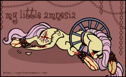 Size: 506x310 | Tagged: grimdark, alternate version, artist:expectationemesis, derpibooru import, fluttershy, pegasus, pony, amnesia: justine, amnesia: the dark descent, amnesiashy, bleeding eyes, blood, chains, concave belly, crossover, feather, female, floppy ears, head down, image, lying down, mare, my little amnesia, png, prone, sad, solo, torture