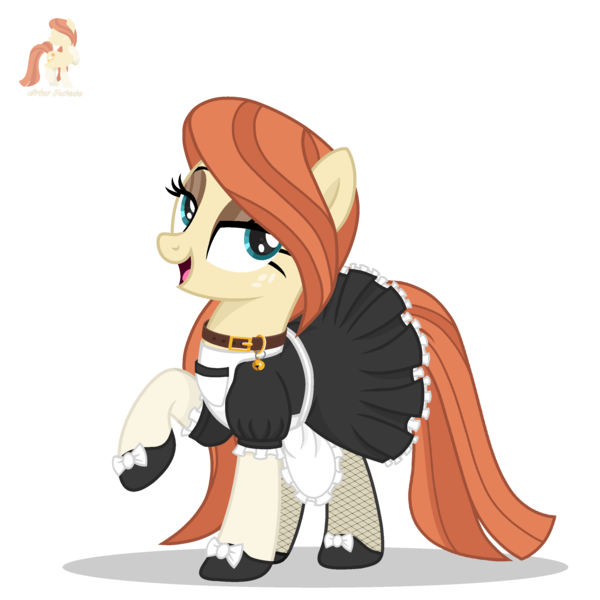 Size: 2500x2500 | Tagged: safe, artist:r4hucksake, derpibooru import, oc, oc:frazzle, unofficial characters only, earth pony, pony, apron, base used, bedroom eyes, bell, bell collar, bow, clothes, collar, eyeshadow, fishnet clothing, fishnets, freckles, image, lidded eyes, maid, makeup, png, shoes, simple background, socks, solo, stockings, thigh highs, transparent background