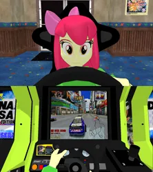 Size: 1366x1536 | Tagged: safe, artist:ardoplasma41, derpibooru import, apple bloom, equestria girls, 3d, arcade, arcade cabinet, arcade game, bow, clothes, daytona usa, daytona usa 2, g4, hair bow, image, jc eagle, mmd, png, shirt, steering wheel, t-shirt