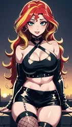 Size: 864x1536 | Tagged: suggestive, ai content, derpibooru import, editor:sammykun, machine learning generated, sunset shimmer, human, belly button, belt, breasts, busty sunset shimmer, chains, choker, cleavage, clothes, female, fishnet clothing, fishnet pantyhose, fishnets, g4, generator:yodayo, goth, humanized, image, jewelry, jpeg, lipstick, long hair, midriff, necklace, outdoors, pants, pantyhose, piercing, prompter:sammykun, ripped pants, shirt, short shirt, skirt, sleeveless, sleeveless shirt, smiling, socks, stockings, stupid sexy sunset shimmer, thigh highs