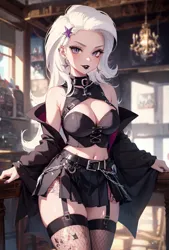 Size: 1125x1667 | Tagged: suggestive, ai content, derpibooru import, editor:sammykun, machine learning generated, trixie, human, belly button, belt, black lipstick, black nail polish, breasts, busty trixie, chains, choker, cleavage, clothes, female, fishnet clothing, fishnet pantyhose, fishnets, g4, generator:yodayo, goth, humanized, image, jacket, jewelry, jpeg, lipstick, long hair, midriff, necklace, outdoors, pants, pantyhose, piercing, prompter:sammykun, ripped pants, shirt, short shirt, sleeveless, sleeveless shirt, socks, solo focus, stockings, street, stupid sexy trixie, thigh highs, torn clothes