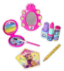 Size: 742x822 | Tagged: safe, derpibooru import, official, izzy moonbow, pipp petals, sunny starscout, alicorn, pegasus, unicorn, g5, my little pony: make your mark, cosmetics, cutie mark, egmont, horn, image, jpeg, lipstick, looking at you, makeup, merchandise, mirror, misty brightdawn, my little pony: make your mark chapter 6, pencil, photo, poland, polish, rainbow of light, secrets of starlight, smiling, smiling at you, toy