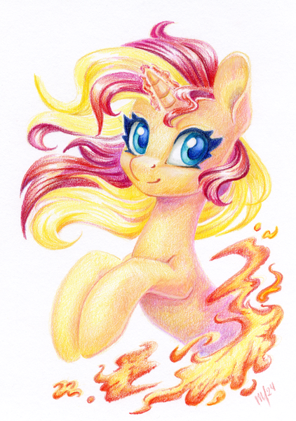 Size: 844x1200 | Tagged: safe, artist:maytee, derpibooru import, sunset shimmer, pony, unicorn, bust, g4, horn, image, magic, magic aura, png, portrait, smiling, solo, traditional art