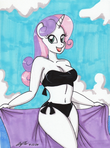 Size: 2077x2793 | Tagged: suggestive, artist:newyorkx3, derpibooru import, sweetie belle, anthro, plantigrade anthro, unicorn, 2d, belly button, bikini, bikini bottom, bikini top, black bikini, breasts, busty sweetie belle, cleavage, clothes, cloud, female, g4, horn, image, jpeg, legs, midriff, older, older sweetie belle, open mouth, open smile, outdoors, sarong, sky, smiling, swimsuit, thighs