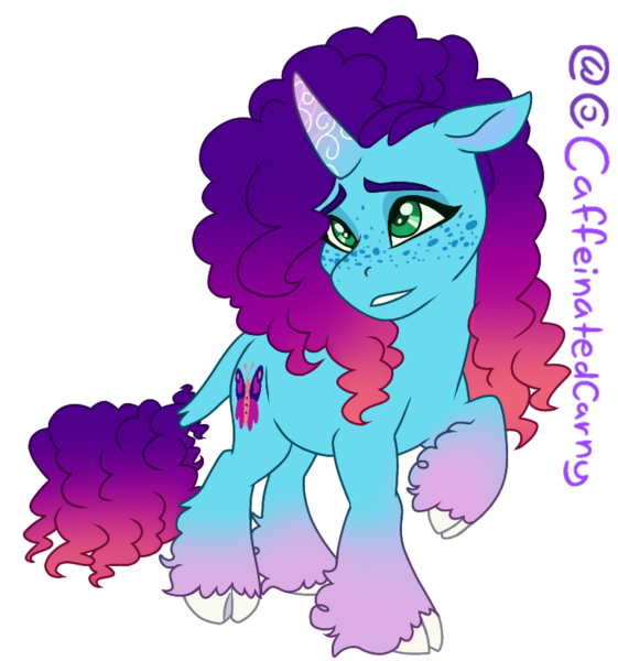Size: 770x823 | Tagged: safe, artist:caffeinatedcarny, derpibooru import, pony, unicorn, g5, cloven hooves, coat markings, curly hair, curved horn, freckles, gradient hooves, gradient horn, gradient mane, horn, horn runes, image, leonine tail, misty brightdawn, png, rebirth misty, redesign, simple background, solo, tail, transparent background, unshorn fetlocks