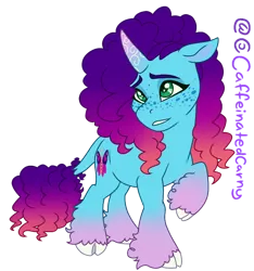 Size: 770x823 | Tagged: safe, artist:caffeinatedcarny, derpibooru import, pony, unicorn, g5, cloven hooves, coat markings, curly hair, curved horn, freckles, gradient hooves, gradient horn, gradient mane, horn, horn runes, image, leonine tail, misty brightdawn, png, rebirth misty, redesign, simple background, solo, tail, transparent background, unshorn fetlocks