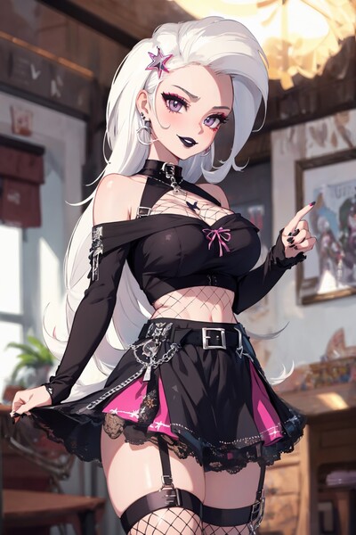 Size: 1024x1536 | Tagged: suggestive, ai content, derpibooru import, editor:sammykun, machine learning generated, trixie, human, belly button, belt, breasts, busty trixie, chains, choker, cleavage, clothes, female, fishnet clothing, fishnet pantyhose, fishnets, g4, generator:yodayo, goth, humanized, image, jewelry, jpeg, lipstick, long hair, midriff, necklace, outdoors, pants, pantyhose, piercing, prompter:sammykun, ripped pants, shirt, short shirt, skirt, sleeveless, sleeveless shirt, smiling, socks, stockings, stupid sexy trixie, thigh highs, torn clothes