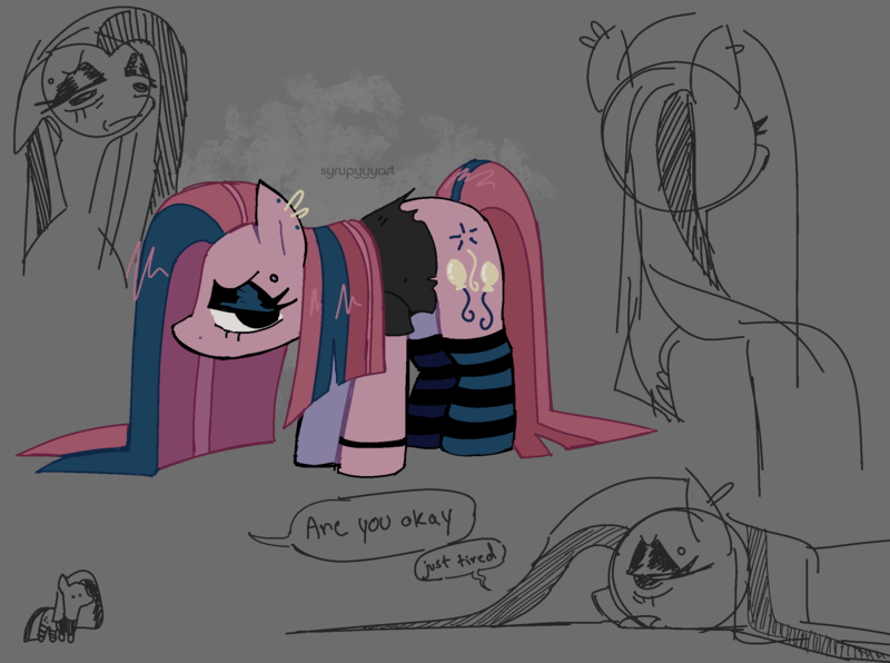 Size: 2310x1721 | Tagged: safe, artist:syrupyyy, derpibooru import, pinkie pie, pony, abstract background, alternate cutie mark, black shirt, bracelet, clothes, desaturated, dialogue, doodle dump, dyed mane, dyed tail, ear piercing, earring, emo, eyebrow piercing, eyeshadow, female, frown, g4, hooped earrings, image, jewelry, lidded eyes, long mane, long socks, long tail, makeup, mare, narrowed eyes, no catchlights, no mouth, offscreen character, piercing, pink coat, pinkamena diane pie, png, profile, shirt, signature, sketch, sketch dump, socks, standing, straight mane, straight tail, striped socks, t-shirt, tail, talking, text, torn shirt, two toned mane, two toned tail