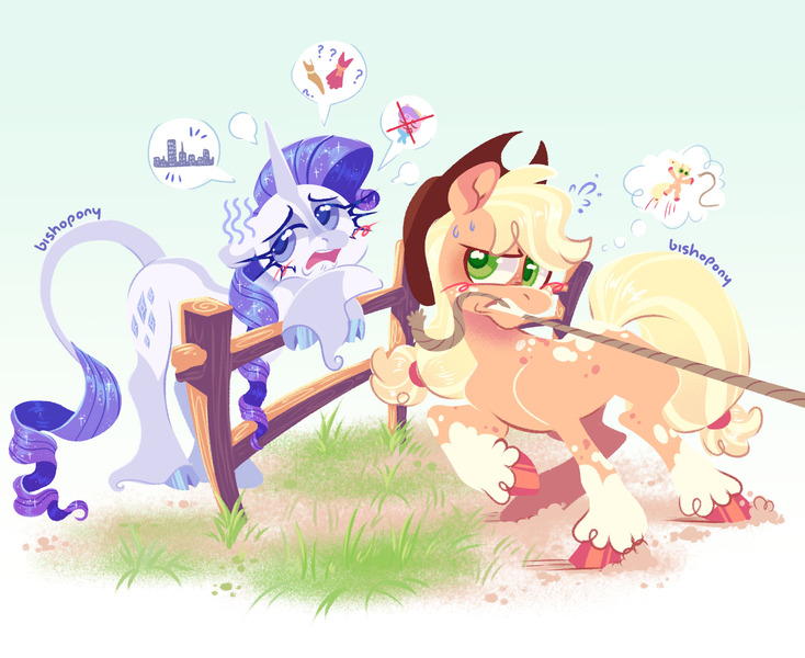Size: 2446x2000 | Tagged: safe, artist:bishopony, derpibooru import, applejack, rarity, suri polomare, classical unicorn, earth pony, pony, unicorn, blush scribble, blushing, clothes, cloven hooves, coat markings, crossed hooves, dress, duo, duo female, emanata, female, fence, floppy ears, gradient background, gritted teeth, high res, horn, image, jpeg, leonine tail, lidded eyes, manehattan, mare, mouth hold, open mouth, pictogram, plewds, pulling, question mark, rope, signature, socks (coat marking), speech bubble, sweat, teeth, unshorn fetlocks