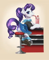 Size: 1687x2048 | Tagged: safe, artist:taytinabelle, derpibooru import, rarity, pony, unicorn, alternate hairstyle, bar stool, blushing, bow, butt, chest fluff, clothes, cutie mark, cutie mark accessory, cutie mark on clothes, dress, drink, eyeshadow, female, food, frills, frilly dress, frilly socks, g4, gradient background, horn, image, jpeg, looking at you, looking back, looking back at you, makeup, mare, milkshake, necktie, pinup, plot, raised tail, rearity, shirt, shoes, skirt, socks, solo, stool, straw, strawberry, tail, tail bow, upskirt, vignette
