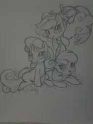 Size: 1536x2048 | Tagged: safe, artist:jadedjynx, derpibooru import, apple bloom, scootaloo, sweetie belle, earth pony, pegasus, pony, unicorn, cutie mark crusaders, female, filly, foal, grass, horn, image, jpeg, sketch, traditional art