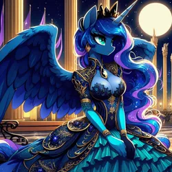 Size: 1024x1024 | Tagged: safe, ai content, derpibooru import, machine learning generated, prompter:glimmy-glam, princess luna, anthro, banner, bracelet, breasts, classy, cleavage, clothes, collar, corset, dress, evening gloves, frilly dress, generator:dall-e 3, gloves, gown, image, jewelry, jpeg, lamp, long gloves, moon, night, palace, pillar, regal, side view, spread wings, stars, tiara, wings