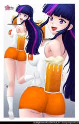 Size: 634x1000 | Tagged: suggestive, alternate version, artist:clouddg, derpibooru import, part of a set, twilight sparkle, human, alcohol, beer, bottle, breasts, busty twilight sparkle, butt, clothes, drink, female, g4, hooters, humanized, image, looking at each other, looking at someone, mug, open mouth, png, shorts, sideboob, twibutt
