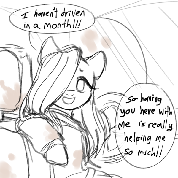 Size: 1280x1280 | Tagged: safe, artist:m4ycrowave, derpibooru import, fluttershy, pegasus, pony, car, dialogue, driving, female, image, looking at you, looking back, looking back at you, mare, monochrome, png, solo, talking to viewer