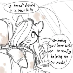 Size: 1280x1280 | Tagged: safe, artist:m4ycrowave, derpibooru import, fluttershy, pegasus, pony, car, dialogue, driving, female, image, looking at you, looking back, looking back at you, mare, monochrome, png, solo, talking to viewer