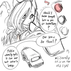 Size: 1280x1280 | Tagged: safe, artist:m4ycrowave, derpibooru import, fluttershy, pegasus, pony, car, dialogue, distracted, driving, female, image, implied pinkie pie, mare, monochrome, png, red light, solo, talking to viewer