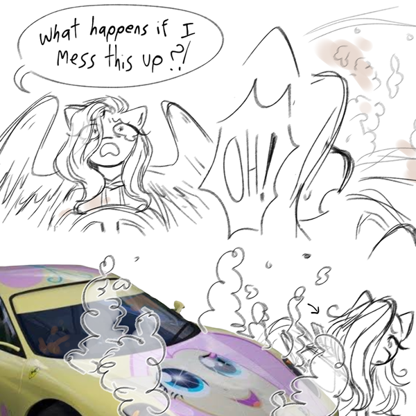 Size: 1280x1280 | Tagged: safe, artist:m4ycrowave, derpibooru import, fluttershy, pegasus, pony, car, car crash, dialogue, eye clipping through hair, female, hair over one eye, image, mare, partial color, png, simple background, smoke, solo, speech bubble, teary eyes, white background