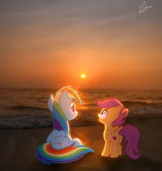 Size: 2700x2850 | Tagged: safe, artist:jaanhavi, derpibooru import, rainbow dash, scootaloo, pegasus, pony, beach, cute, cutealoo, female, filly, foal, high res, image, irl, jpeg, mare, ocean, photo, ponies in real life, scootalove, sunset, water, wave