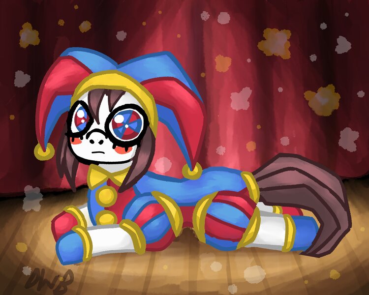 Size: 2500x2000 | Tagged: safe, artist:demonwburger, derpibooru import, ponified, earth pony, pony, blush sticker, blushing, female, hat, image, jester, jester hat, jpeg, lying down, mare, pomni, ponmi, prone, solo, sploot, the amazing digital circus