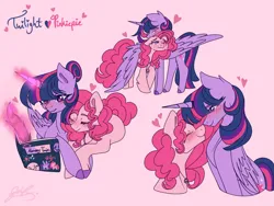 Size: 1280x960 | Tagged: safe, artist:eker08, derpibooru import, pinkie pie, twilight sparkle, twilight sparkle (alicorn), alicorn, earth pony, pony, alternate hairstyle, blushing, boop, cuddling, cute, diapinkes, duo, duo female, eyes closed, female, glow, glowing horn, hair bun, heart, height difference, horn, horn ring, hug, image, jewelry, journal, jpeg, lesbian, lying down, mare, neck nuzzle, necklace, noseboop, pink background, prone, quill, ring, shipping, simple background, twiabetes, twinkie, wing blanket, winghug, wings