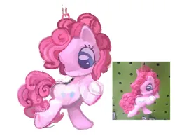 Size: 794x616 | Tagged: safe, artist:dddddaxie998839, derpibooru import, pinkie pie, earth pony, pony, big eyes, big head, blue eyes, chibi, curly mane, curly tail, female, g4, hoof hold, image, mare, ornament, pink coat, pink mane, pink tail, png, simple background, smiling, solo, standing on two hooves, tail, toy, toy interpretation, white background, wingding eyes