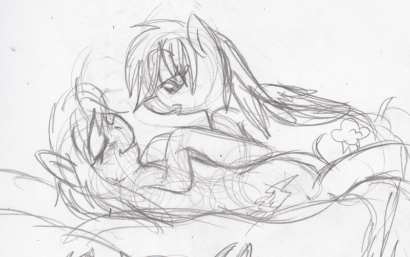 Size: 2257x1417 | Tagged: safe, artist:enigmaticfrustration, derpibooru import, rainbow dash, spitfire, pegasus, pony, bed, blushing, female, females only, g4, image, lesbian, lying down, mare, monochrome, on bed, pencil drawing, png, ship:spitdash, shipping, sketch, traditional art