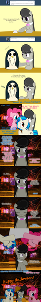Size: 900x6522 | Tagged: safe, artist:erthilo, derpibooru import, octavia melody, pinkie pie, vinyl scratch, bird, earth pony, penguin, unicorn, ask octavia, ask, bowtie, clothes, costume, g4, halloween, hat, holiday, horn, image, png, spider web, string lights, tumblr