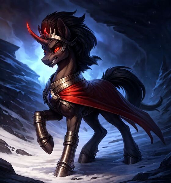 Size: 896x960 | Tagged: safe, ai content, derpibooru import, machine learning generated, stable diffusion, king sombra, pony, unicorn, angry, armor, cloak, clothes, cold, fantasy, hell, horn, image, jpeg, male, red eyes, snow, stallion, wizard