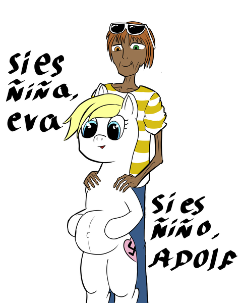 Size: 2000x2500 | Tagged: safe, artist:mano_m, derpibooru import, oc, oc:aryanne, earth pony, human, bipedal, crossover, cursed image, doomentio, doomverse, hands on shoulder, heterochromia, hug, hug from behind, image, interspecies, nazi, op is on drugs, png, pregnant, proud, shitposting, simple background, spanish, swastika, white background, wtf
