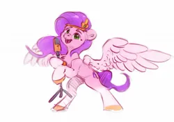 Size: 1200x847 | Tagged: safe, artist:itssim, derpibooru import, pipp petals, pegasus, pony, g5, bipedal, colored sketch, female, image, jpeg, mare, microphone, open mouth, open smile, simple background, sketch, smiling, solo, spread wings, white background, wings