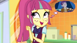 Size: 1280x717 | Tagged: safe, derpibooru import, edit, edited screencap, screencap, dirk thistleweed, sour sweet, human, accountibilibuddies, dance magic, equestria girls, equestria girls series, spoiler:eqg series (season 2), spoiler:eqg specials, accountibilibuddies: rainbow dash, clothes, crystal prep academy uniform, dream bubble, equestria girls specials, female, freckles, g4, image, male, png, ponytail, school uniform, ship:sourweed, shipping, smiling, straight