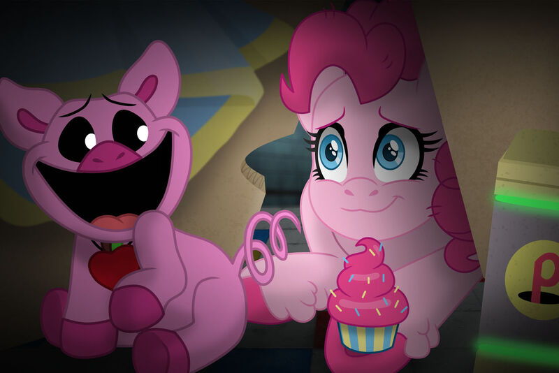 Size: 1280x854 | Tagged: safe, artist:faitheverlasting, derpibooru import, part of a set, pinkie pie, earth pony, pig, pony, battery, commission, cupcake, food, image, jpeg, poppy playtime, smiling, story included
