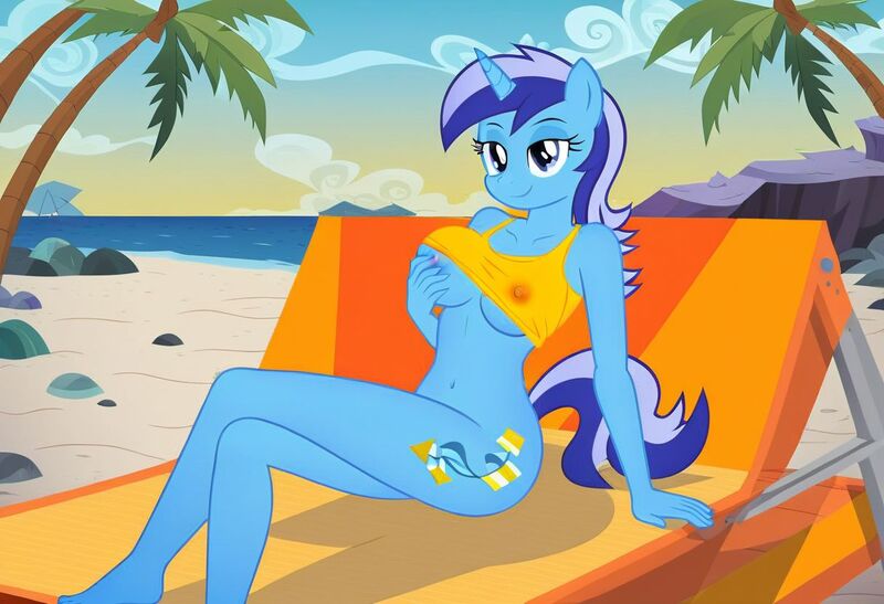 Size: 1216x832 | Tagged: questionable, ai content, machine learning generated, stable diffusion, minuette, anthro, unicorn, beach, beach babe, breast fondling, busty minuette, exhibitionism, exposed breasts, flirty, inviting, jpeg, lawn chair, nude beach, nudity, outdoor masturbation, palm tree, rock, seductive pose, sexy, sitting, smiling, solo, sunbathing, tanktop