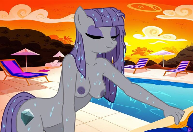 Size: 1216x832 | Tagged: questionable, ai content, machine learning generated, stable diffusion, maud pie, anthro, earth pony, backyard, beach babe, beach towel, bent over, busty maud pie, drying off, exhibitionism, flirty, inviting, jpeg, lawn chair, nudity, poolside, seductive pose, sexy, smiling, solo, standing, sunbathing, sunset, swimming pool, umbrella, wet body, wet mane
