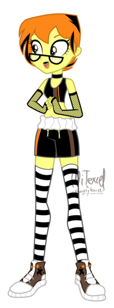 Size: 1072x2894 | Tagged: safe, artist:mitexcel, derpibooru import, oc, oc:merille artienda, equestria girls, base used, brown eyes, choker, clothes, g4, glasses, highlights, image, lipstick, nonbinary, orange hair, png, short hair, socks, solo, thigh highs